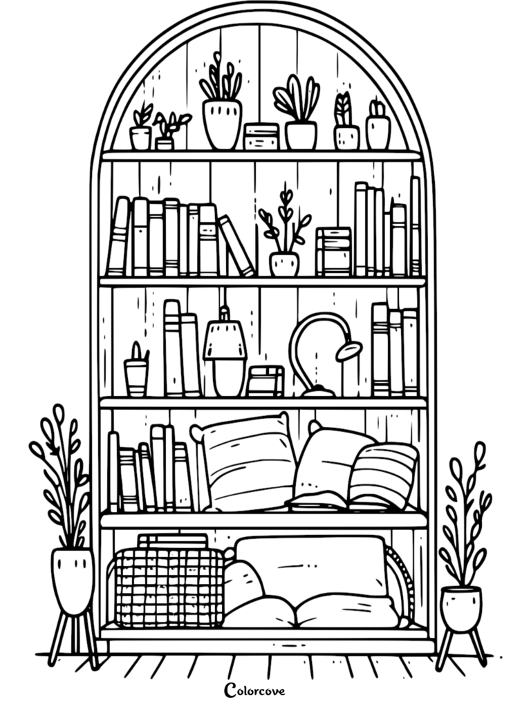 A detailed line art coloring page of an arched bookshelf filled with books, potted plants, a desk lamp, and plush pillows on the bottom shelf.
