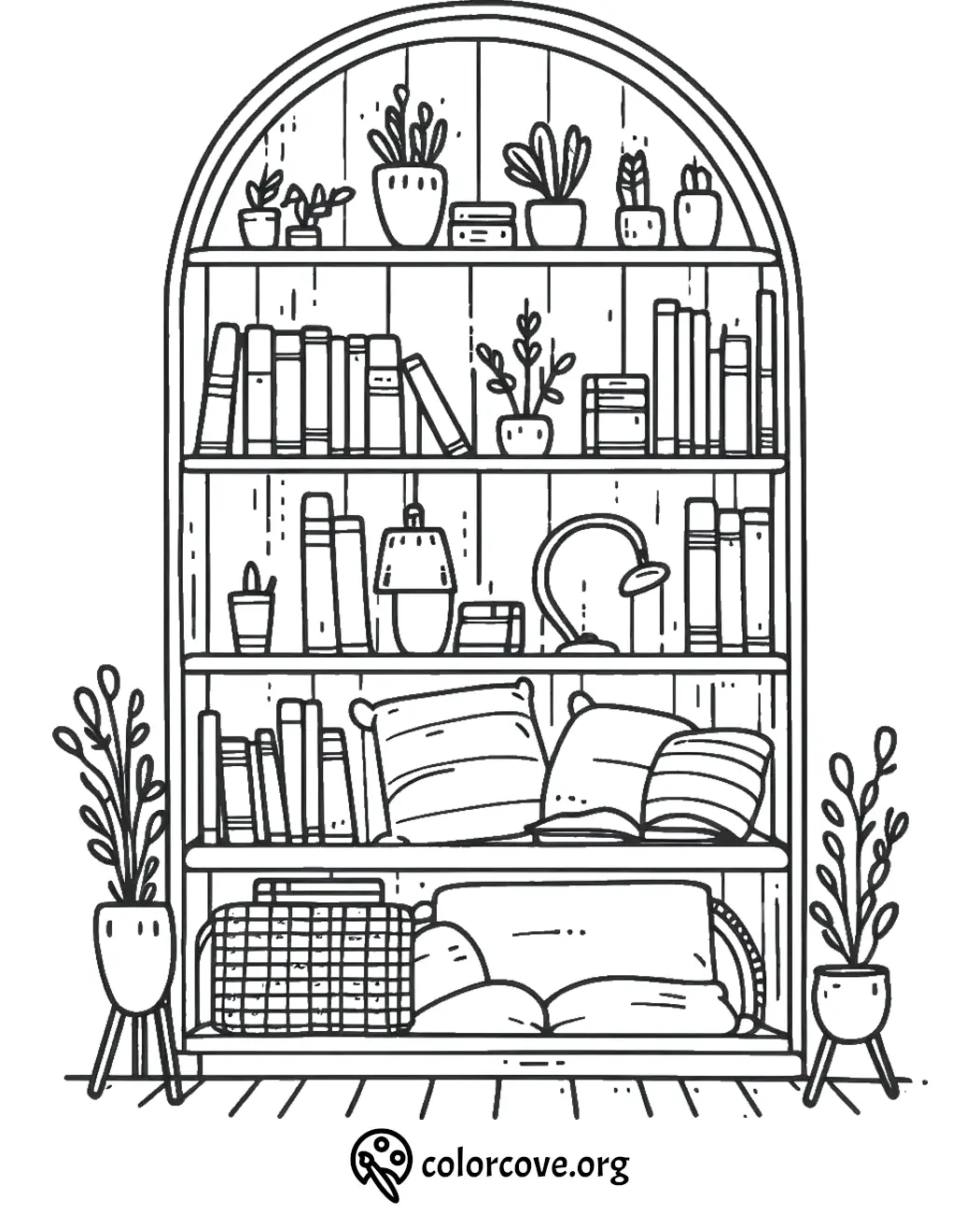 Coloring page of a cozy bookshelf with potted plants, books, and cushions for relaxation and creativity.