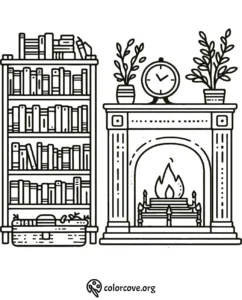 Cozy fireplace coloring page with bookshelf and plants, perfect for relaxation and creativity.