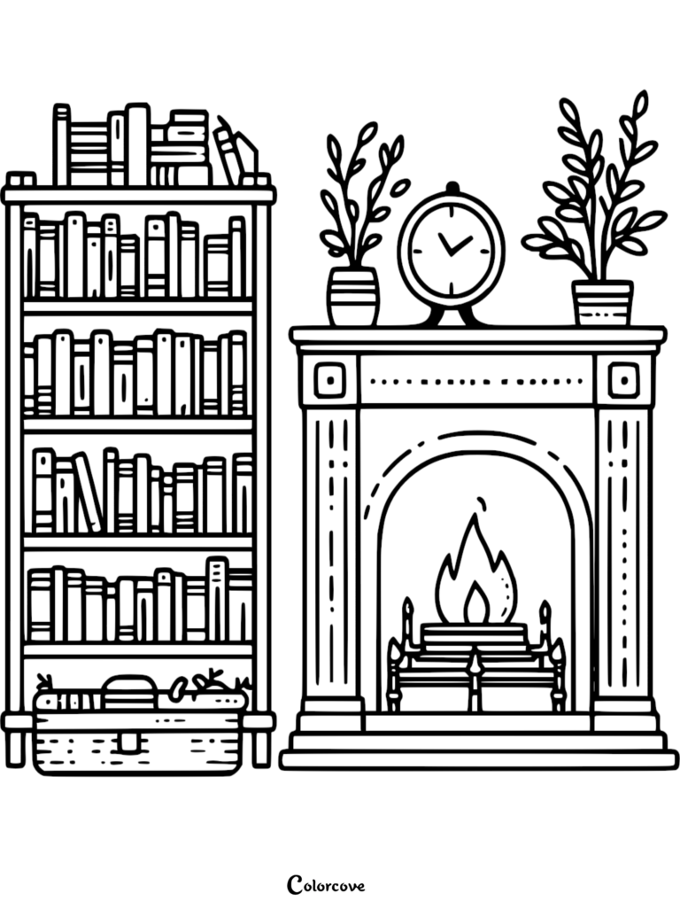 A line art coloring page featuring a tall bookshelf packed with books next to a fireplace with a burning fire, a clock, and two potted plants.
