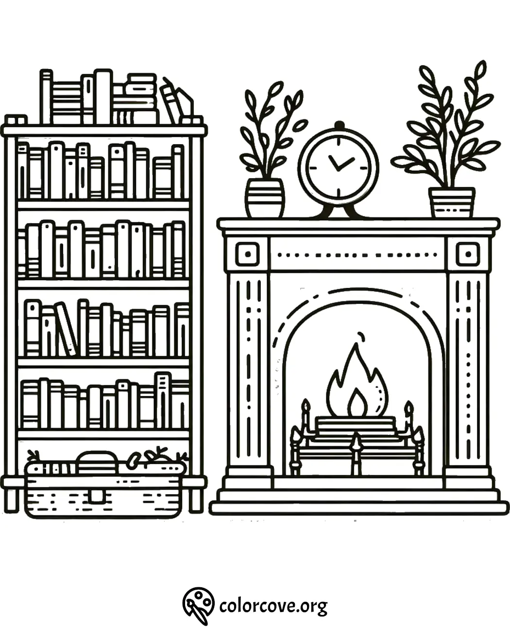 Cozy fireplace coloring page with bookshelf and plants, perfect for relaxation and creativity.