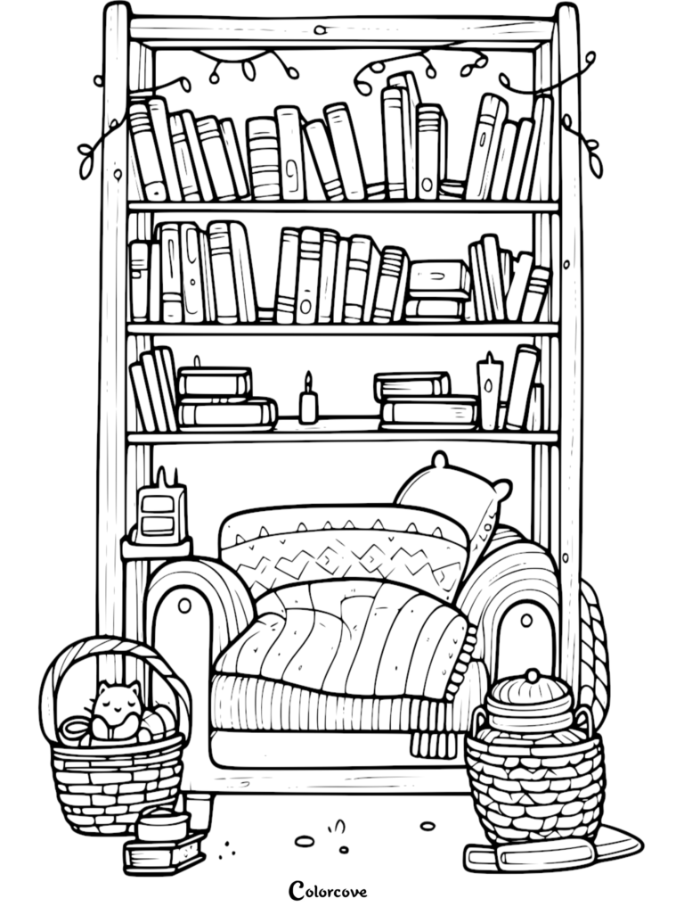 A detailed coloring page featuring a tall bookshelf filled with books, fairy lights, and a comfortable armchair with a sleeping cat in a basket nearby.
