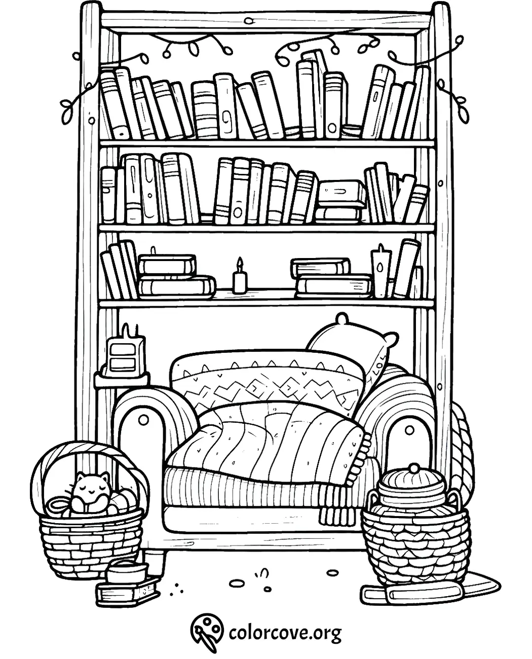 Cozy reading nook with bookshelves, armchair, cat basket, and blanket for coloring fun. Perfect for book lovers!