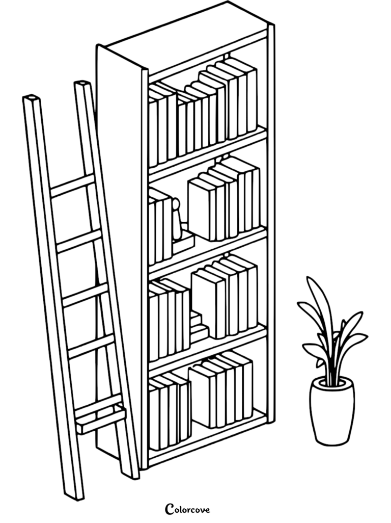 A line art coloring page featuring a tall, multi-shelf bookcase filled with books, a leaning wooden library ladder, and a potted houseplant.