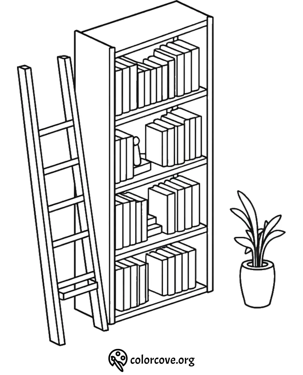 Bookshelf coloring page with ladder and potted plant for kids and adults.