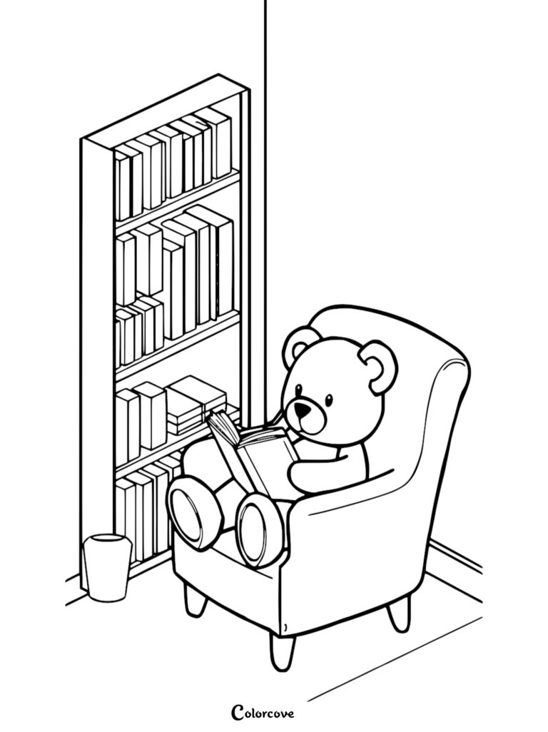 A cute teddy bear sitting in a cozy armchair reading a book next to a tall bookshelf, printable coloring page.