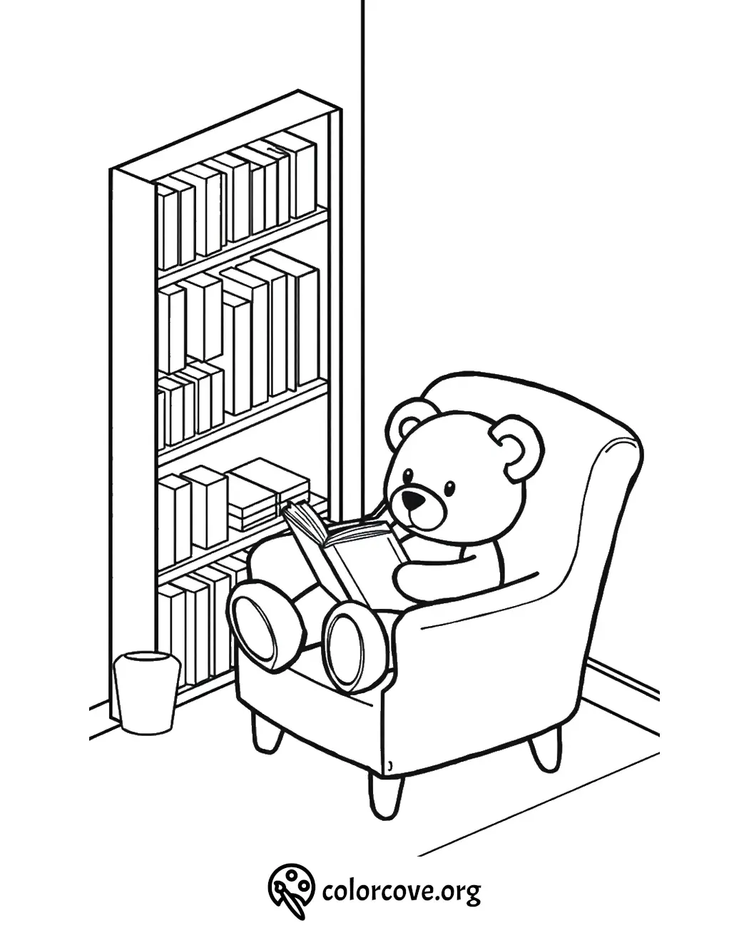 Teddy bear reading a book in a cozy chair next to a bookshelf, coloring page.