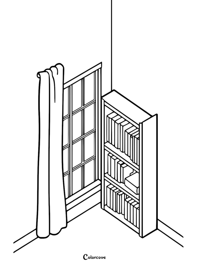 A simple line art coloring page featuring a bookshelf filled with books standing next to a window with a hanging curtain.