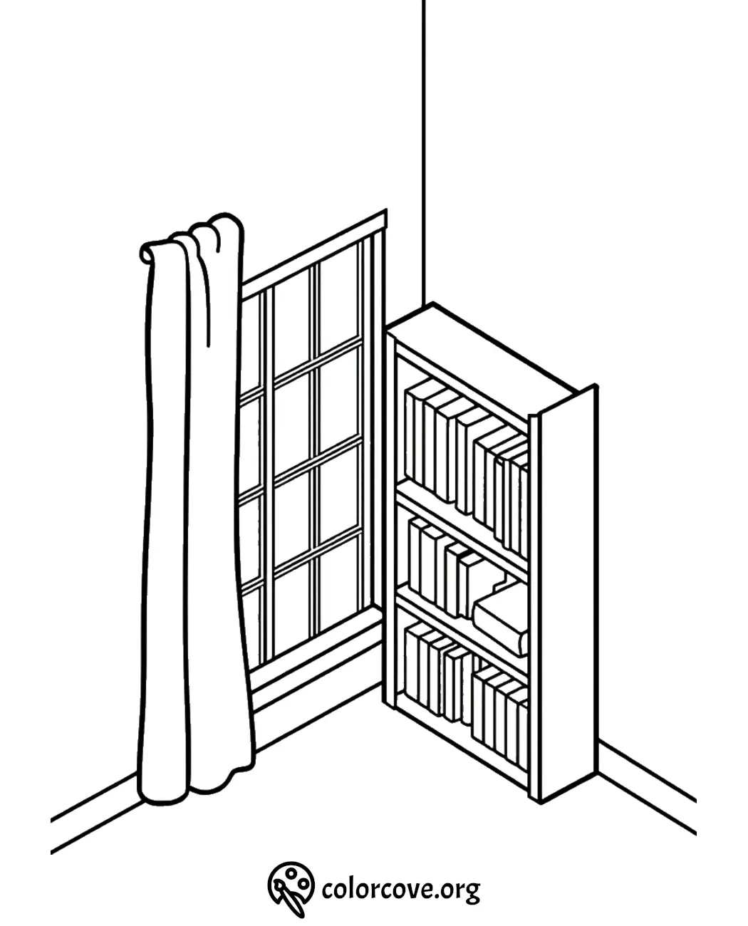 Coloring page of a cozy room with a window, curtains, and a bookshelf filled with books.