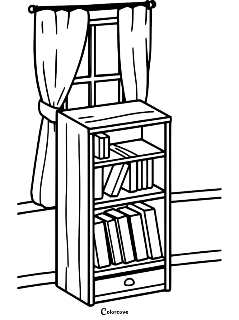 A simple line art coloring page featuring a wooden bookshelf filled with books, positioned next to a window with draped curtains.