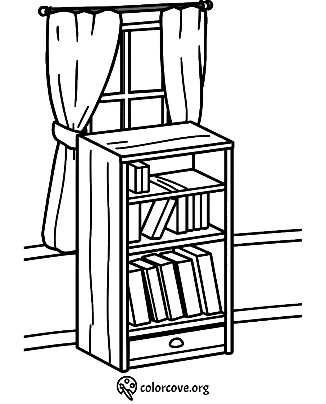 Bookshelf by Window Coloring Page - Perfect for Kids, Educational Fun, Printable Activity, Enhance Creativity.