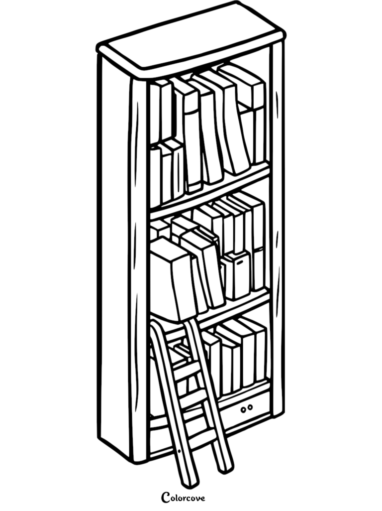 A tall wooden bookshelf filled with various books and a leaning library ladder, presented as a clean line art coloring page.