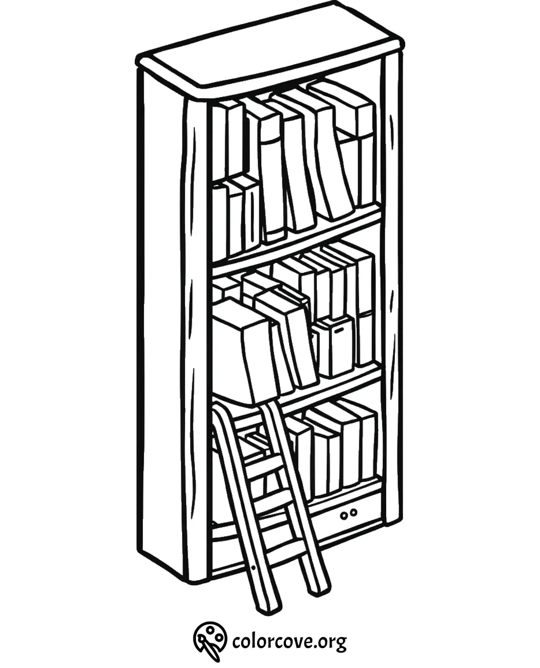 Coloring page of a bookshelf with books and a ladder, outlined in black and white.