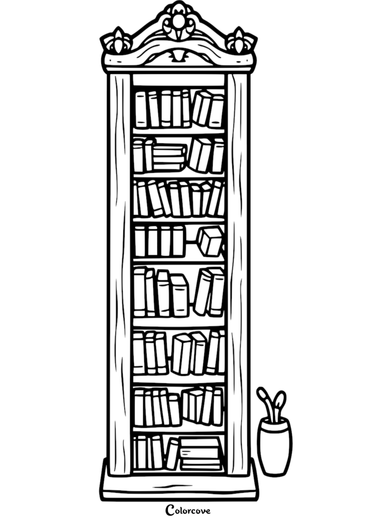 A tall, ornate wooden bookshelf filled with rows of books, featuring a decorative carved top and a small plant in a pot beside it, presented as a clean line art coloring page.