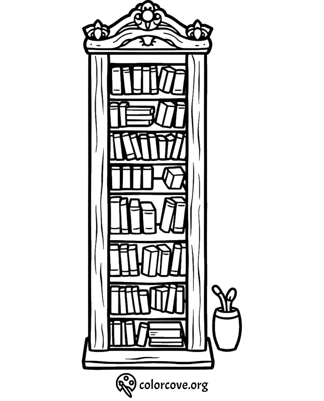 Coloring page of a detailed bookshelf with various books and a plant pot. Perfect for book lovers and coloring enthusiasts.