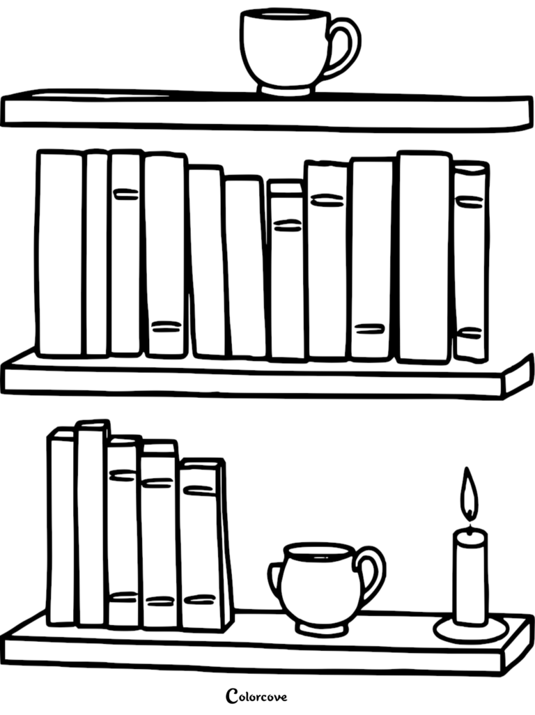A printable coloring page featuring two wooden shelves filled with various hardcover books, a tea cup, and a lit candle.