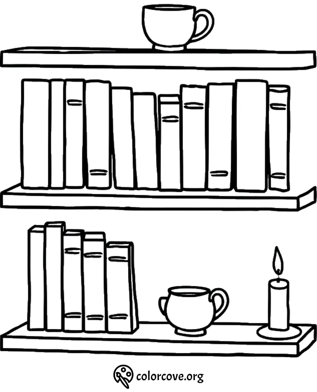 Coloring page of books on shelves with a cup and a candle. Perfect for book lovers and coloring enthusiasts.