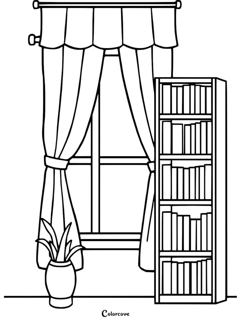A line art coloring page featuring a tall bookshelf filled with books next to a window with draped curtains and a potted plant.