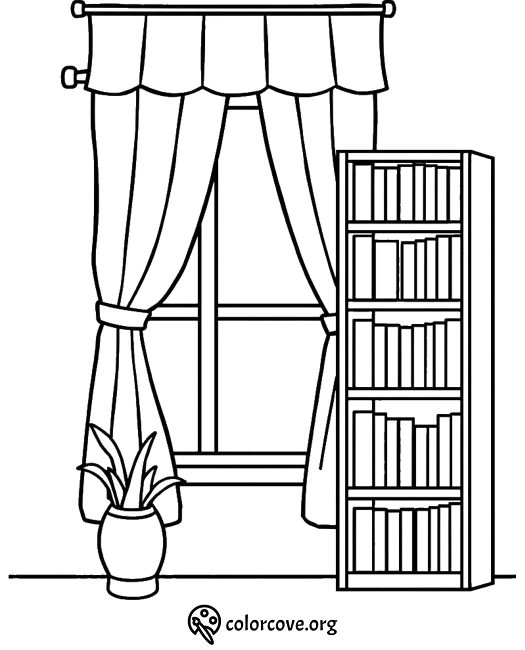 Coloring page featuring a cozy reading nook with a window, curtains, bookshelf, and a potted plant.