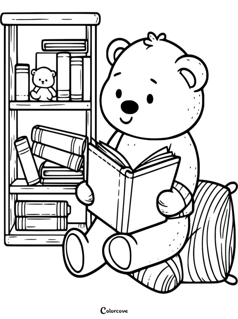 A cute teddy bear sitting on a striped cushion reading a book next to a bookshelf filled with books and a small toy bear, coloring page.