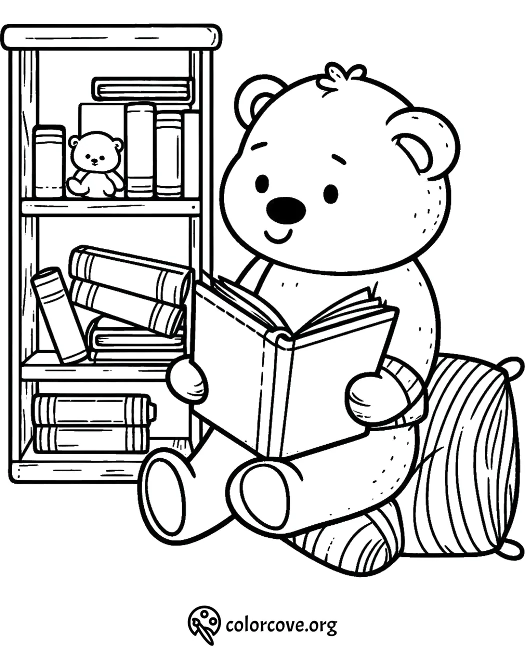 Cute bear coloring page: bear reading a book beside a shelf with books and a teddy bear. Perfect for kids' activities.