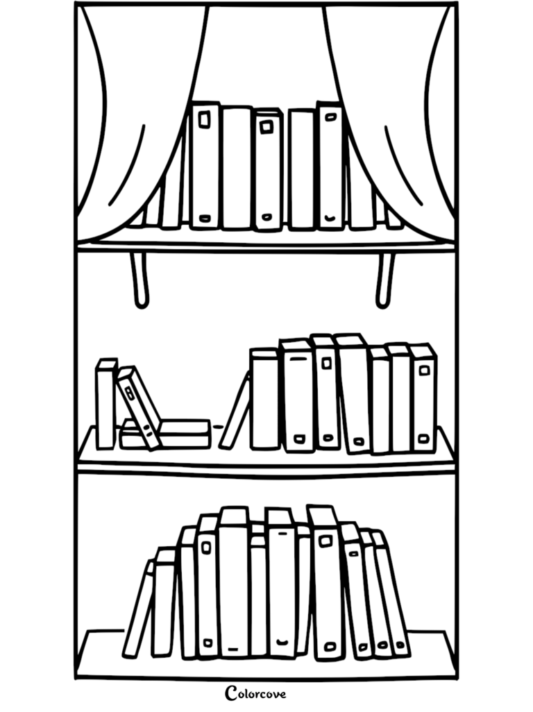 A line art coloring page featuring a three-tiered bookshelf with curtains draped at the top, filled with various upright and leaning books.