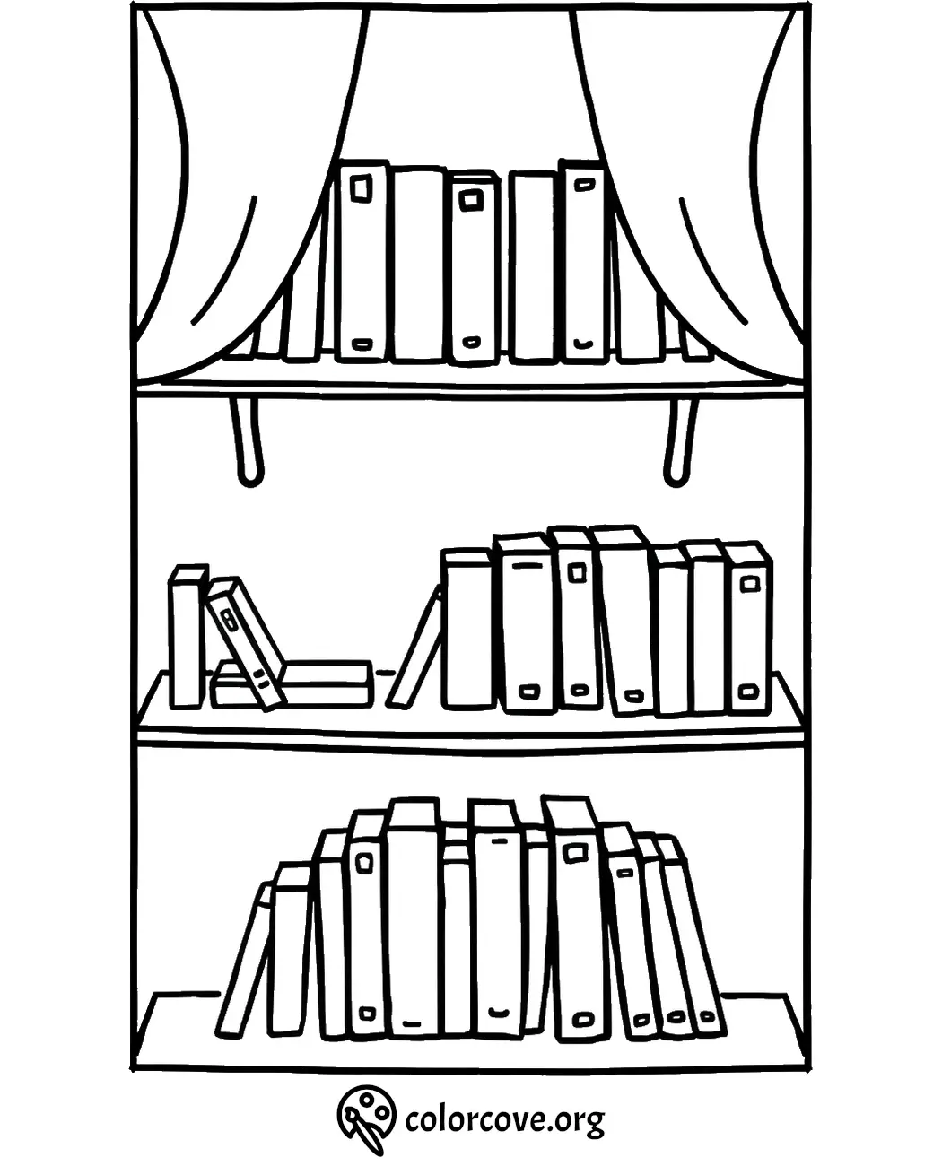 Coloring page of a bookshelf with neatly arranged books and curtains, ideal for relaxation and creativity.