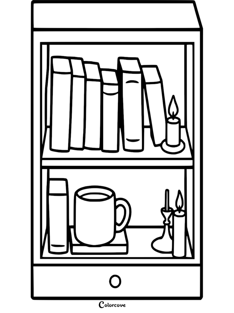 A cozy bookshelf coloring page featuring two shelves filled with books, a steaming mug on a coaster, and lit candles.