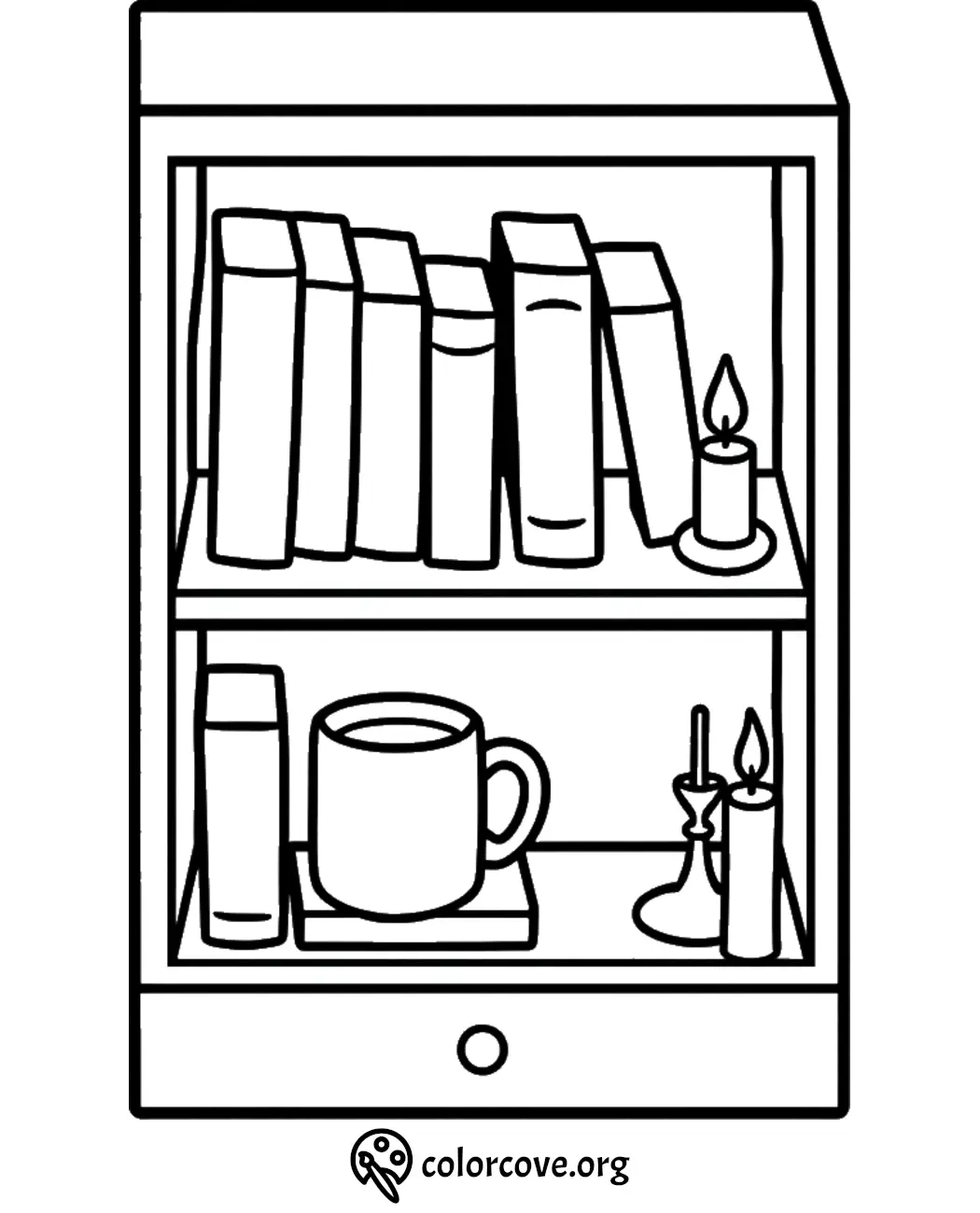 Bookshelf coloring page with candles, a mug, and books. Perfect for relaxation and creativity.