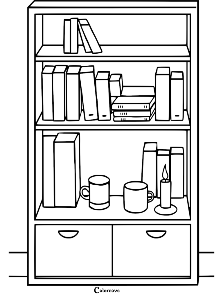 A line art coloring page of a wooden bookshelf filled with various books, two mugs, and a lit candle, featuring two storage drawers at the bottom.