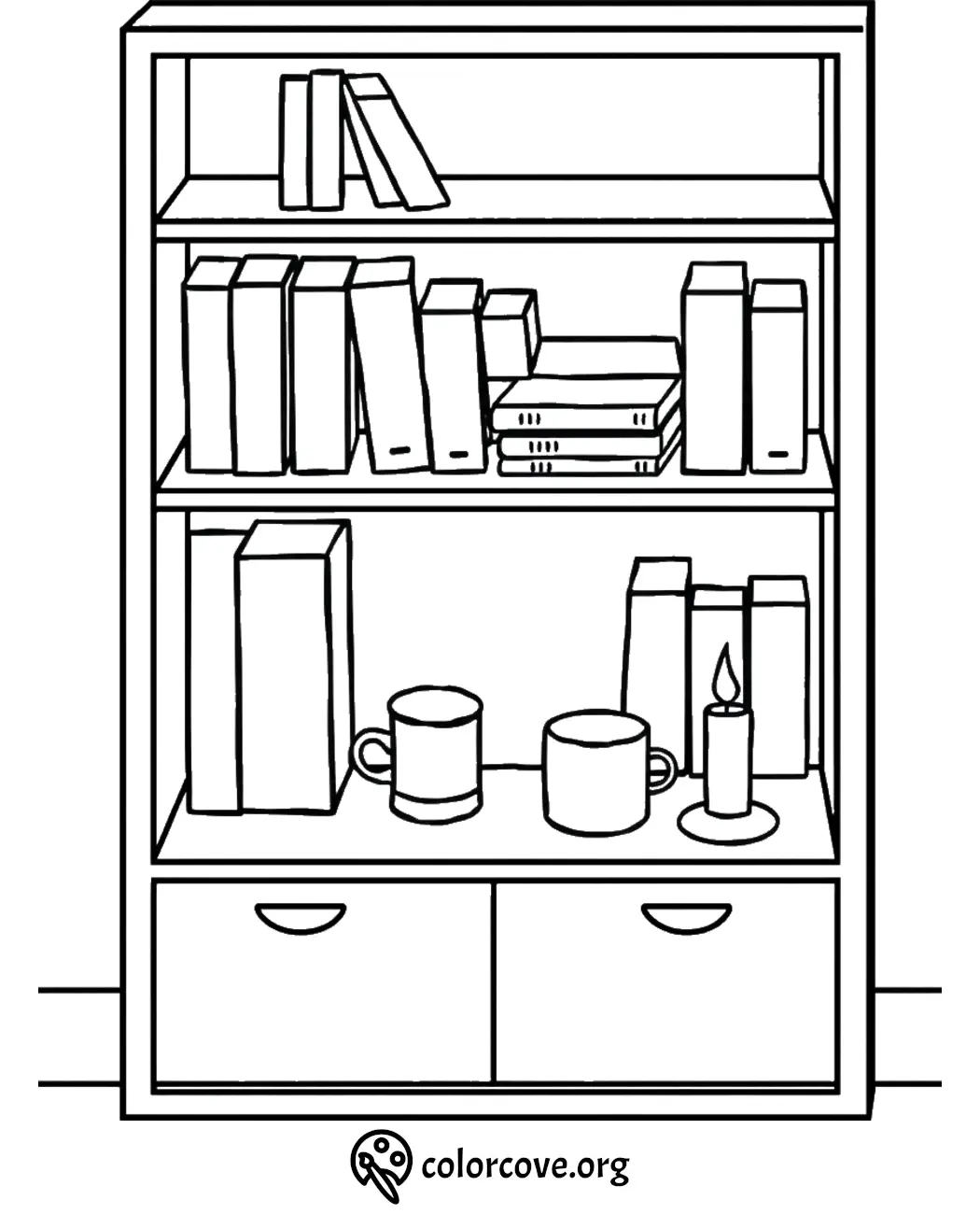 Bookshelf coloring page with books, mugs, and candle on shelves. Perfect for relaxing and creative coloring activities.