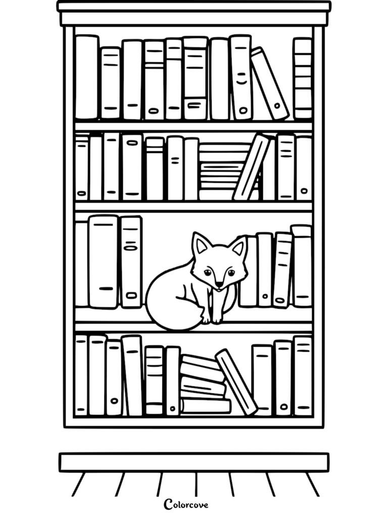 A cute fox sitting on a shelf among many books in this cozy bookshelf coloring page.