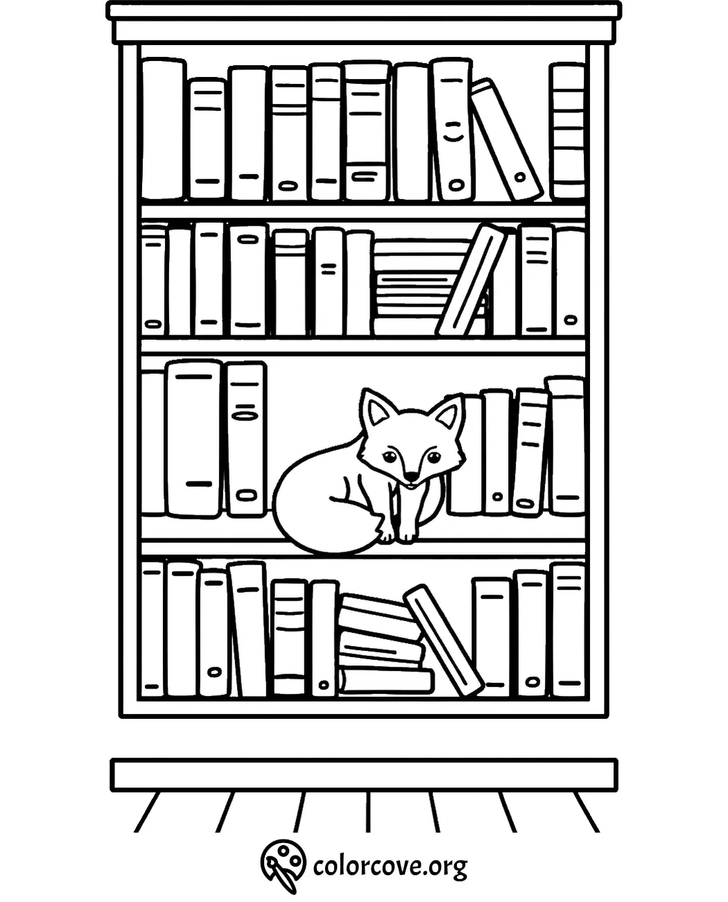 Fox on a bookshelf coloring page with stacked books, ready for creative coloring fun.