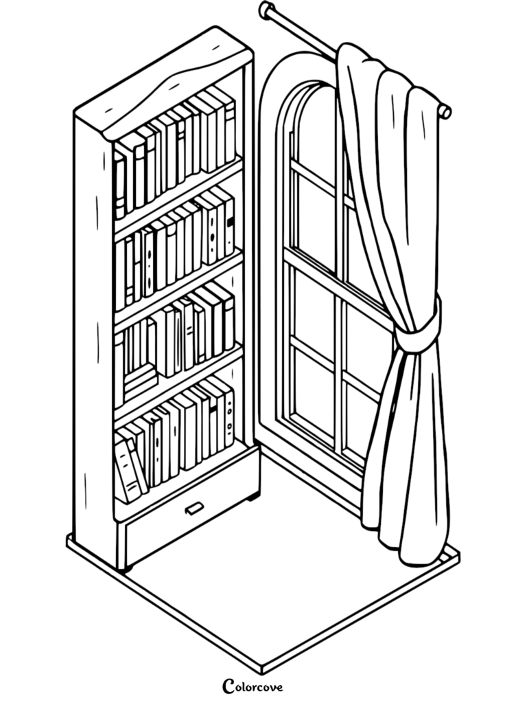 Isometric line art coloring page featuring a tall wooden bookshelf filled with books next to an arched window with a draped curtain.