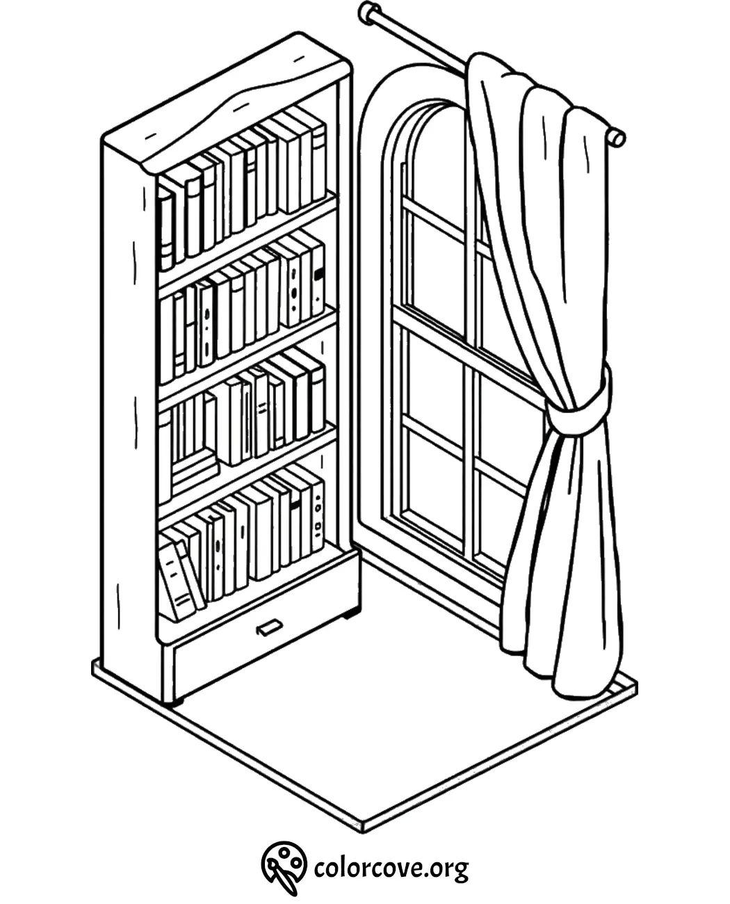 Bookshelf and window coloring page with curtain, inviting cozy indoor vibes. Perfect for book lovers to color.