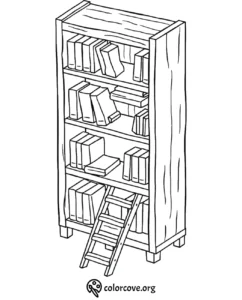 Coloring page of a bookshelf with books and a small ladder. Perfect for kids' creative fun and learning.