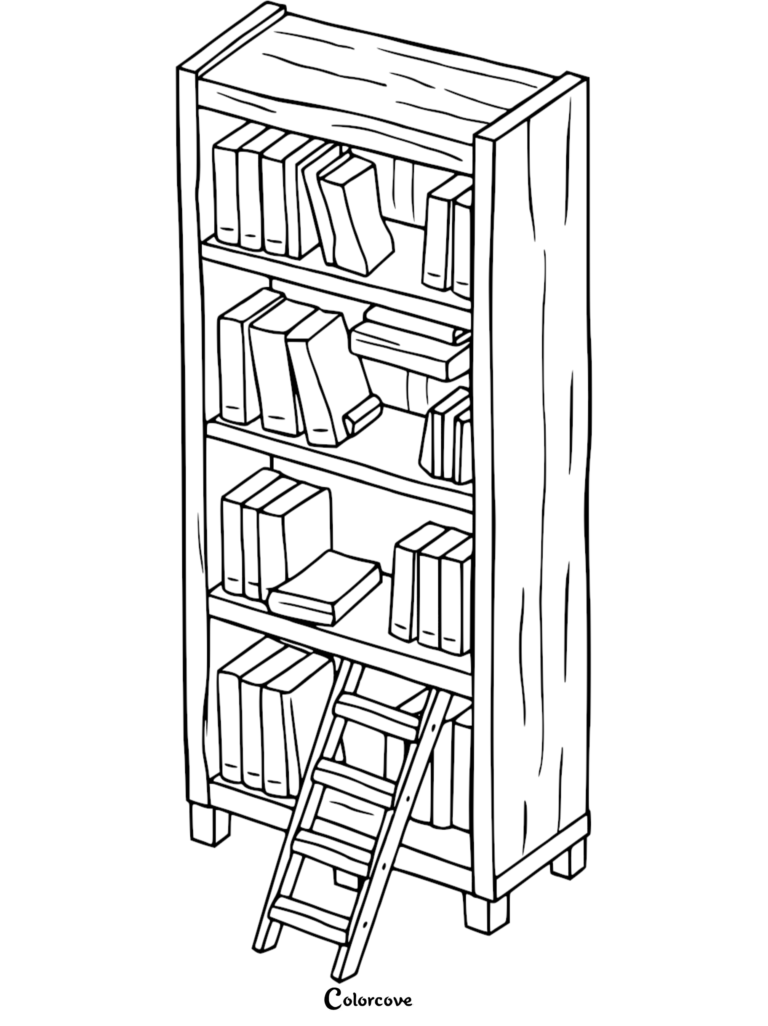 A tall wooden bookshelf filled with various hardcover books on four shelves, featuring a leaning library ladder, presented as a clean line art coloring page.