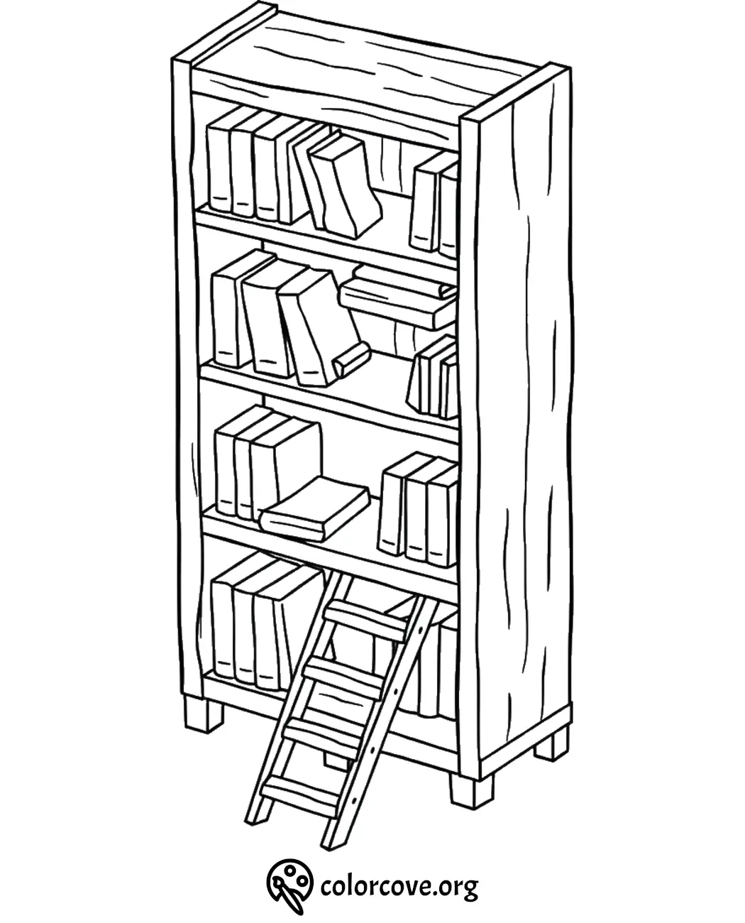 Coloring page of a bookshelf with books and a small ladder. Perfect for kids' creative fun and learning.