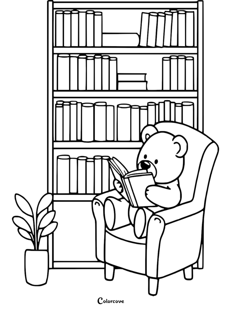 A cute teddy bear sitting in an armchair reading a book in front of a tall bookshelf, printable coloring page.