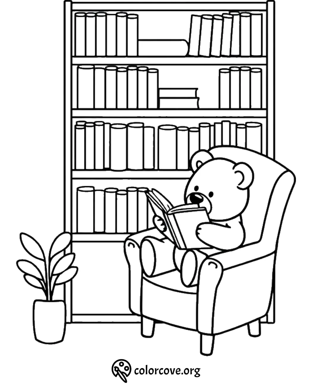 Cute bear reading in a cozy chair by a bookshelf, coloring page for kids.