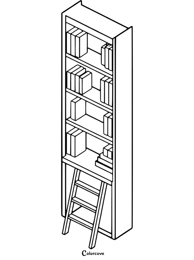 Isometric line art coloring page of a tall wooden bookshelf filled with various books and a sliding library ladder attached to the front.