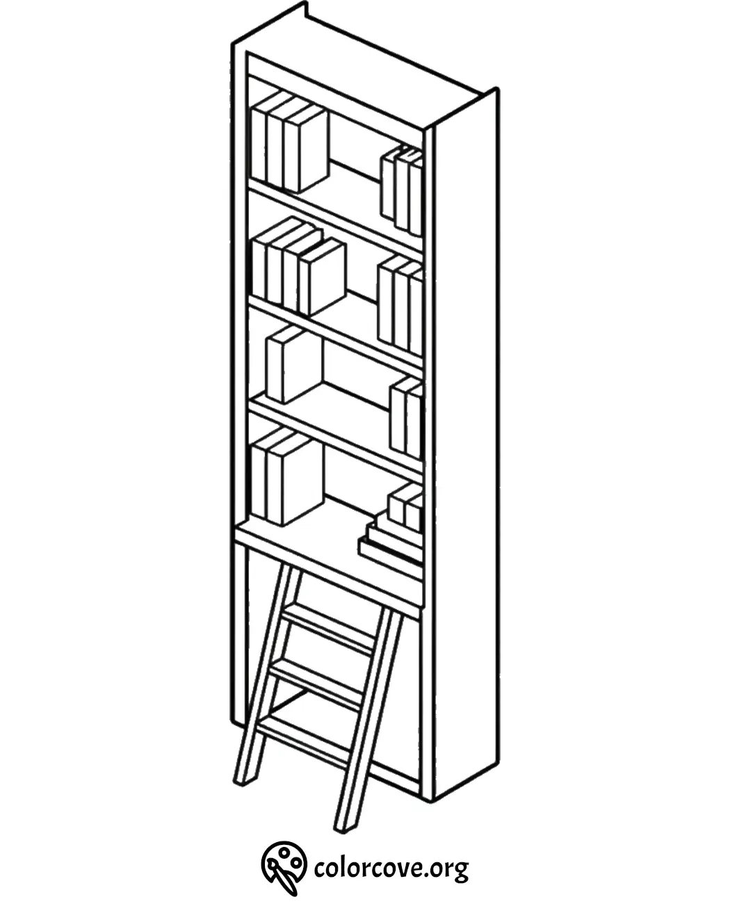 Coloring page of a tall bookshelf with a ladder, featuring books neatly arranged on multiple shelves.