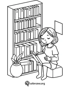 Girl reading a book by a bookshelf, coloring page.