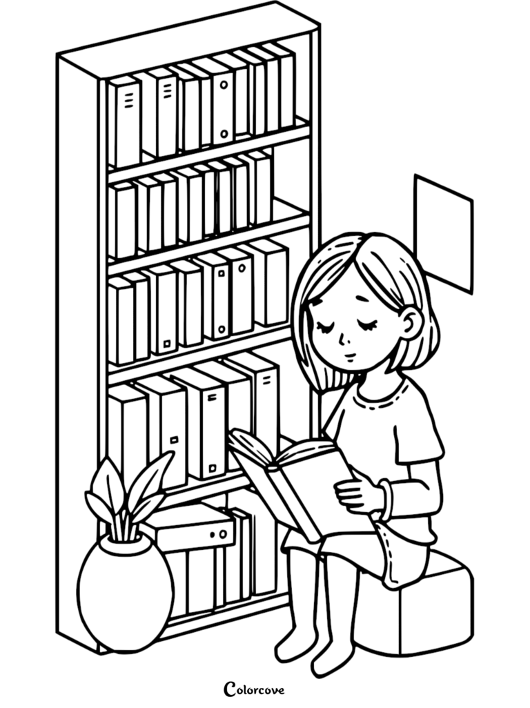 A girl with short hair sitting on a stool reading a book next to a tall bookshelf filled with binders and a potted plant in this printable coloring page.