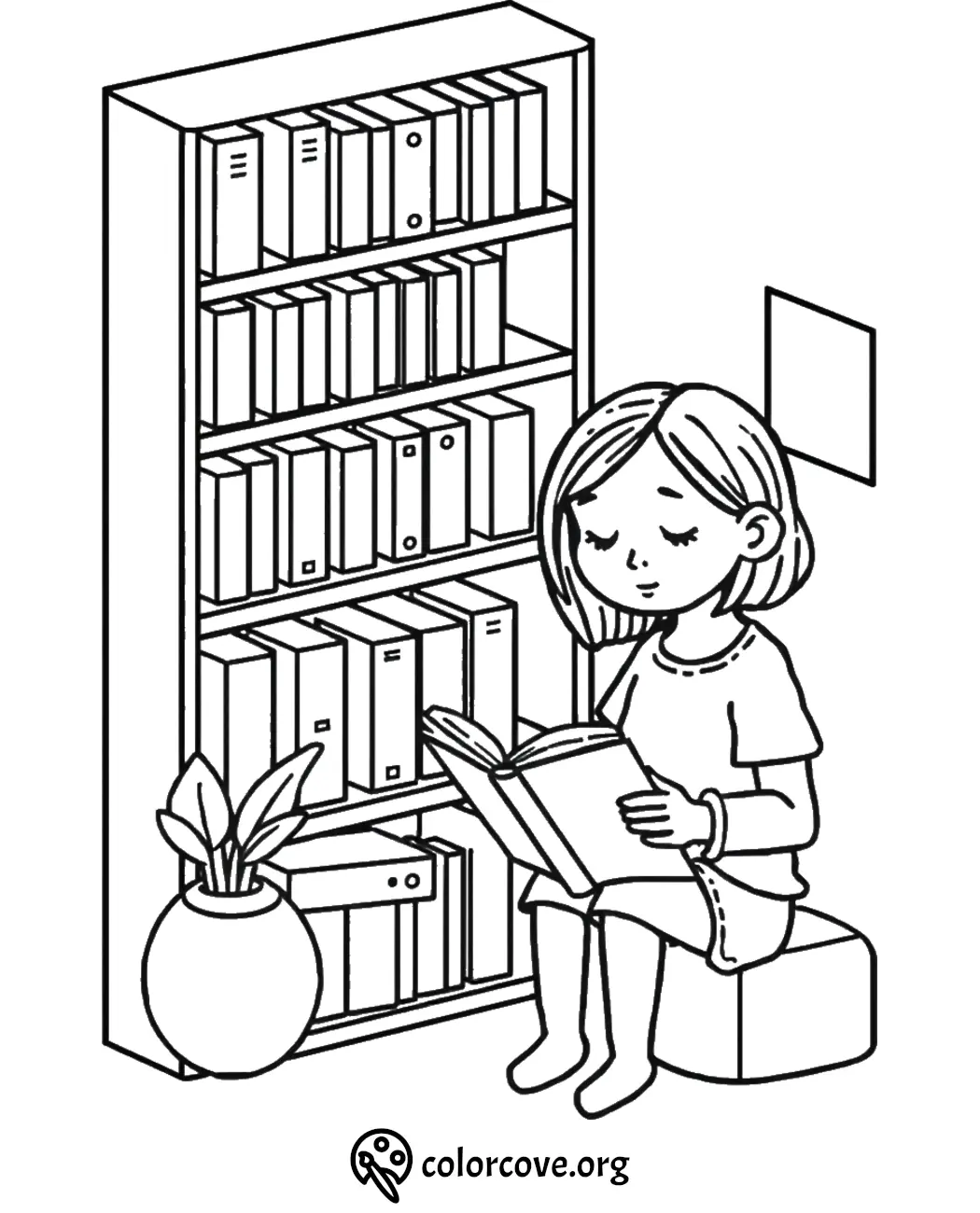 Girl reading a book by a bookshelf, coloring page.