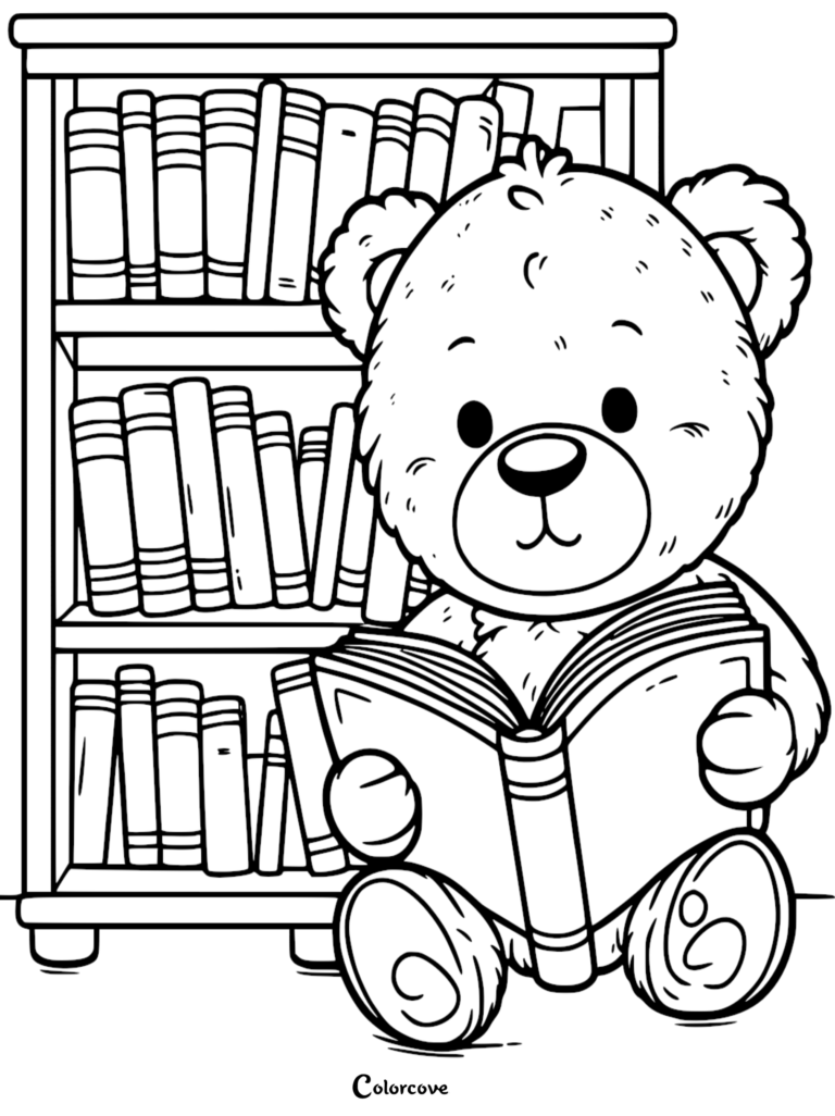 A cute teddy bear sitting on the floor reading an open book in front of a tall, full bookshelf, coloring page style line art.
