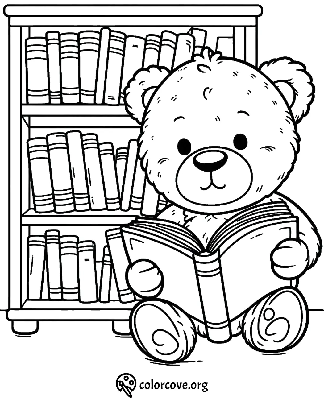 Cute teddy bear reading a book in front of a bookshelf coloring page for kids.