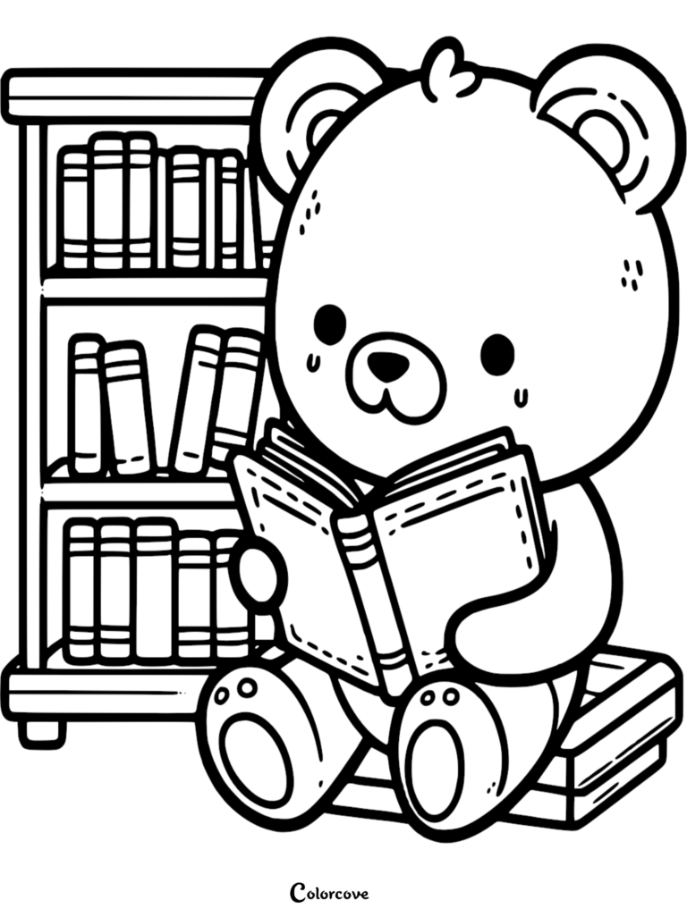 A cute teddy bear sitting on a stack of books reading a storybook in front of a tall bookshelf, printable coloring page.