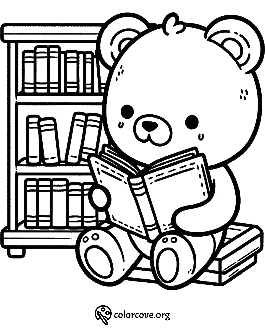 Cute bear coloring page: bear reading a book by a bookshelf. Perfect for kids and educational activities.