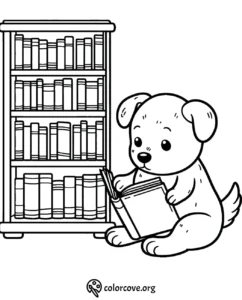 Cute puppy with a book next to a bookshelf coloring page.
